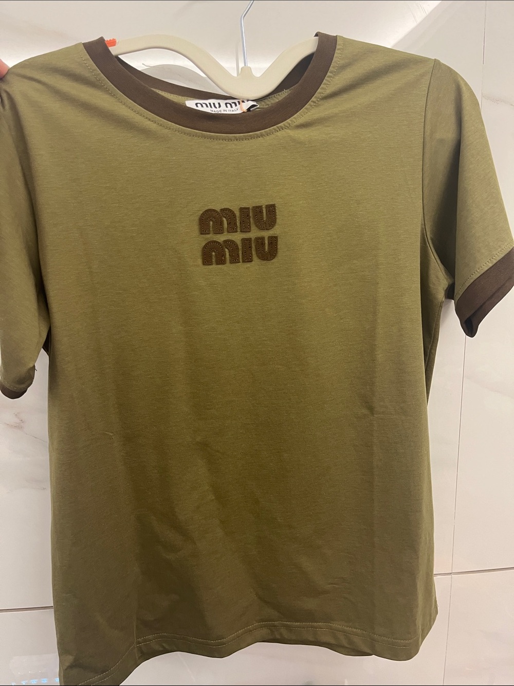 Miu Miu Olive Green Tee with Dark Brown Trim